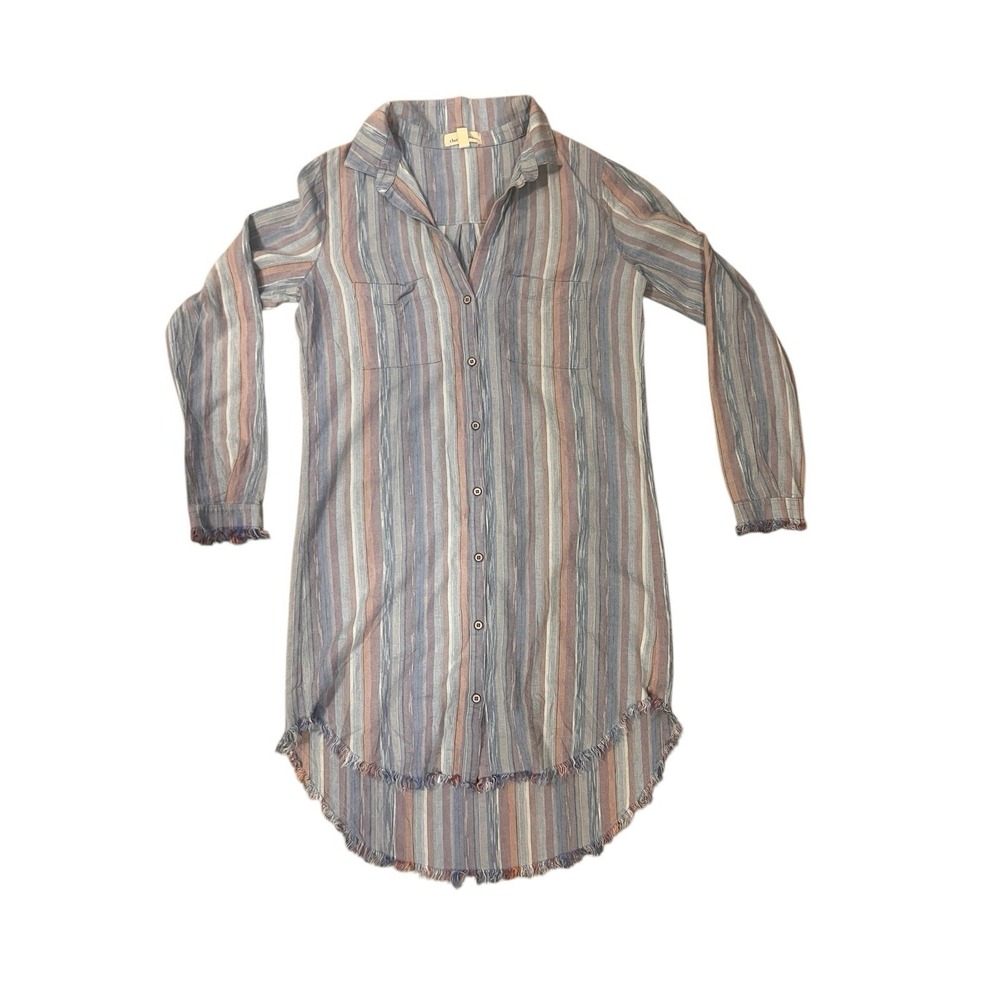 Cloth & Stone Shirt Dress Womens S Blue Striped Fringe Hem Rayon Linen